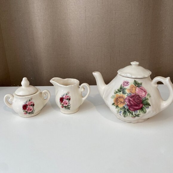 Antique Victorian Floral Tea Set – Teapot, Sugar Bowl & Creamer (3 Pc)